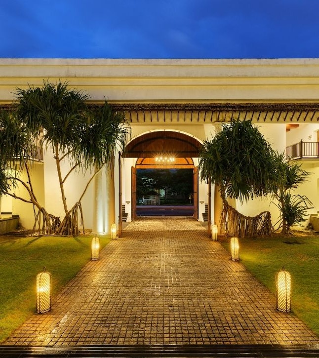 View of the Fortress Resort and Spa entrance at night